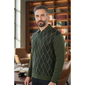Erkek Çelik Örgü Ekose Desenli Gömlek Yaka Fermuarlı Polo Yakalı Tüylenmez Triko Kışlık Baba Kazak