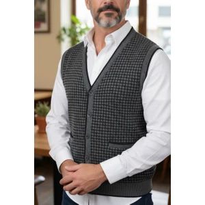 Erkek Çelik Örgü Düğmeli Cepli Kazayağı Desen Tüylenmeyen Triko Kışlık Baba Kazak Yelek
