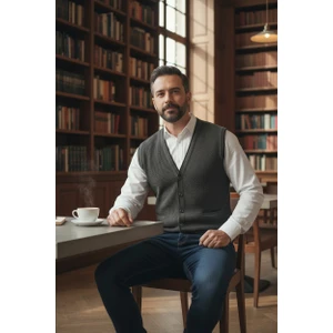 Erkek V Yaka Triko Düğmeli Cepli Çizgi Desenli Regular Fit Tüylenmeyen Örgü Yelek