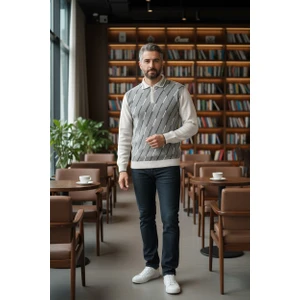 Erkek Çelik Örgü Ekose Desenli Gömlek Yaka Fermuarlı Polo Yakalı Tüylenmez Triko Kışlık Baba Kazak