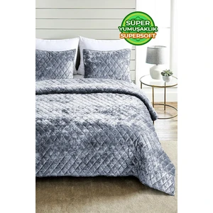 Evlen Home Collection Kapitone Kadife Yatak Örtüsü Seti Çift Kişilik Supersoft 3 Parça Yumuşak Elyaf Dolgulu Çeyizlik Gri