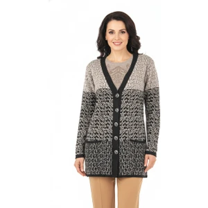 Kadın Kışlık Motifli Çift Cepli Önü Düğmeli Normal Kesim Likralı Yünlü Dokuma Kumaş Anne Hırka