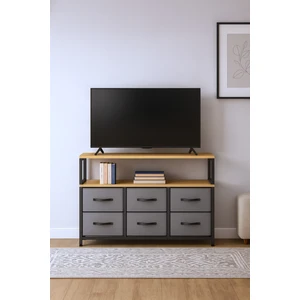 2 Raflı 6 Çekmeceli Tv Sehpası Deri Çekmeceli Tv Ünitesi Kitaplıklı Tv Sehpası