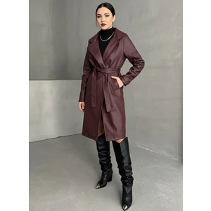 My Lunessa Kuşaklı Astarlı Deri Uzun Trenç Pardesü