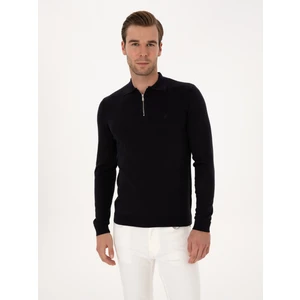 Erkek Lacivert Regular Fit Pamuk Karışımlı Fermuarlı Polo Yaka Basic Triko Kazak 50318721-VR033