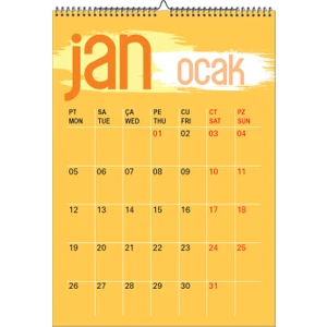 2026 Renkli Planlamalı A3 Ebat 12 Sayfa Duvar Takvimi-Spiralli ve Askılı