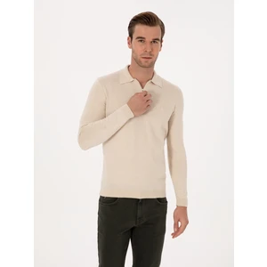 Erkek Bej Regular Fit Pamuk Karışımlı Fermuarlı Polo Yaka Basic Triko Kazak 50318721-VR011