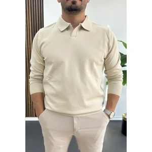 Erkek Açık Yaka Düz Desen Normal Kalıp Kazak Krem EDW423