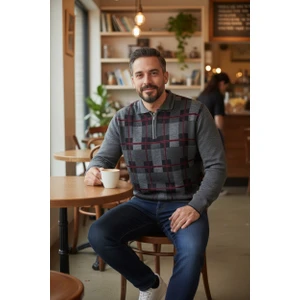 Erkek Çelik Örgü Ekose Desenli Gömlek Yaka Fermuarlı Polo Yakalı Tüylenmez Triko Kışlık Baba Kazak