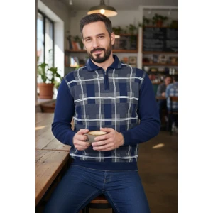 Erkek Çelik Örgü Ekose Desenli Gömlek Yaka Fermuarlı Polo Yakalı Tüylenmez Triko Kışlık Baba Kazak