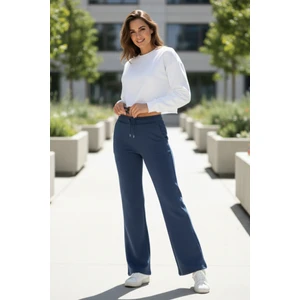 Elemge Pamuklu Kadın Eşofman Altı Yüksek Bel Indigo Flare Fit Geniş Paça Ipli Cepli Esnek Yumuşak Likralı