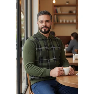 Erkek Çelik Örgü Ekose Desenli Gömlek Yaka Fermuarlı Polo Yakalı Tüylenmez Triko Kışlık Baba Kazak