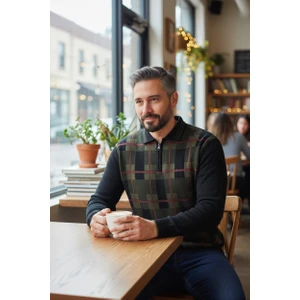 Erkek Çelik Örgü Ekose Desenli Gömlek Yaka Fermuarlı Polo Yakalı Tüylenmez Triko Kışlık Baba Kazak