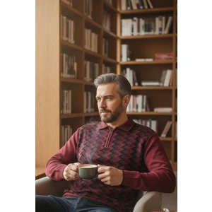 Erkek Çelik Örgü Ekose Desenli Gömlek Yaka Fermuarlı Polo Yakalı Tüylenmez Triko Kışlık Baba Kazak