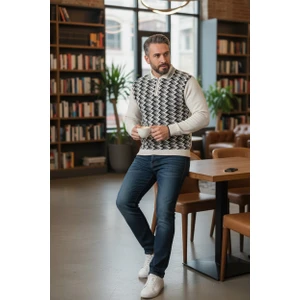 Erkek Çelik Örgü Ekose Desenli Gömlek Yaka Fermuarlı Polo Yakalı Tüylenmez Triko Kışlık Baba Kazak