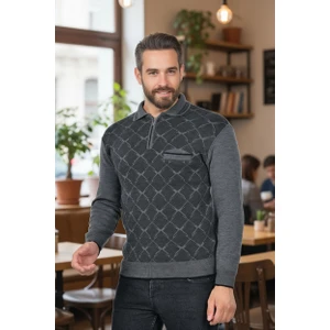 Erkek Çelik Örgü Gömlek Yaka Cepli Fermuarlı Polo Yakalı Ağdesen Tüylenmeyen Triko Kışlık Baba Kazak