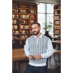 Erkek Çelik Örgü Gömlek Yaka Fermuarlı Polo Yakalı Piramit Desen Tüylenmeyen Triko Kışlık Baba Kazak