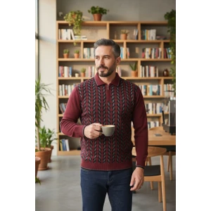Erkek Çelik Örgü Gömlek Yaka Fermuarlı Polo Yakalı Dikine Zikzak Çizgi Tüylenmez Triko Kışlık Kazak