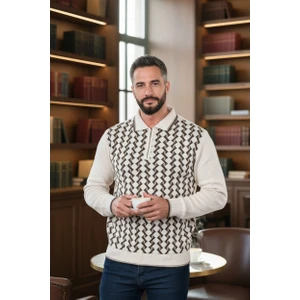 Erkek Çelik Örgü Gömlek Yaka Fermuarlı Polo Yakalı Dikine Zikzak Çizgi Tüylenmez Triko Kışlık Kazak