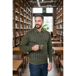 Erkek Çelik Örgü Gömlek Yaka Fermuarlı Polo Yakalı Dikine Zikzak Çizgi Tüylenmez Triko Kışlık Kazak