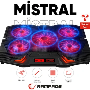 Mistral Kırmızı LED Lşıklı 5 Fanlı Yükseklik Ayarlı LCD Göstergeli Notebook Soğutucu Laptop Soğutucu