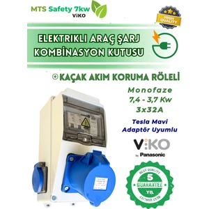7.4 Kw VIKO/Panasonic 3*32 Monofaze Tesla Mavi Adaptör Uyumlu Kaçak Akım Roleli Taşınabilir Elektrikli Araç Şarj Cihazı Kombinasyon Kutusu  7kw