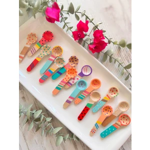 6' Lı Renkli Baharat Kaşığı - Mini Tahta Kaşık Seti- Handmade - El Çizimi Bambu Kaşık - Hediyelik- Dekoratif - Doğal Ahşap Kaşık Seti - Organik- Mumbastik