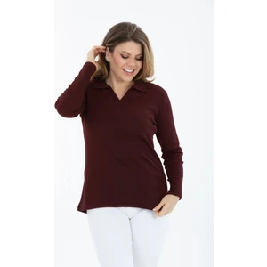 Curve Büyük Beden Pamuklu Likralı V Yaka Basic Düz Uzun Kol Bordo Bluz