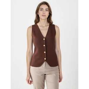 Jimmy Key Acı Kahve Dar Kesim Parlak Düğme Detaylı Triko Yelek