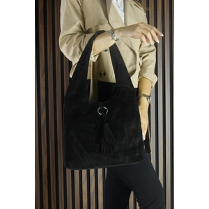 Erkan Saçmacı Siyah Hakiki Dana Süet Püsküllü Manyetik Kapaklı Orta Boy Günlük Omuz Çantası