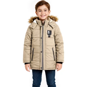 5 Armalı Kürklü Kapüşonlu Cepli Fermuarlı Erkek Çocuk Bej Şişme Mont