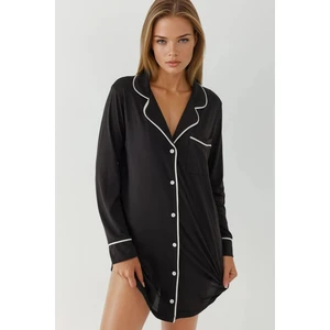 Kadın Ekstra Yumuşak Gömlek Yaka Mini Rahat Gecelik Siyah