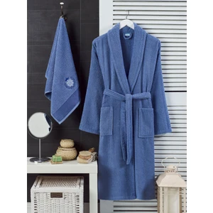 Shine Pamuklu Nakışlı Işlemeli Şal Yaka Bornoz - Saç Havlu Set