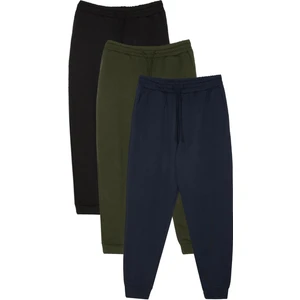 Erkek 3'lü Paket Siyah-Lacivert-Haki Regular Fit Beli Bağcıklı Jogger Cepli Lastikli Paça Eşofman Altı