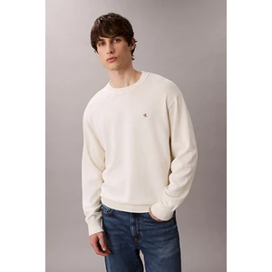 Calvin Klein Erkek Relaxed Fit Monogram Nakışlı Bisiklet Yaka Kazak - Krem