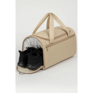 Bej Suni Deri Yan Ayakkabı Bölmeli Unisex Geniş Hacimli Seyahat Spor Fitness Spor Çantası - 00124