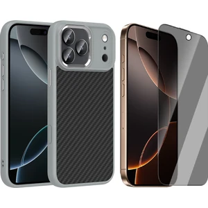 iPhone 17 Pro Kılıf M-Safe Şarj Özellikli Karbon Fiber Görünümlü Zore Truva Silikon Kapak + Hayalet Cam Ekran Koruyucu