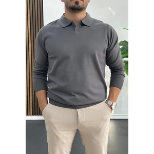 Erkek Açık Yaka Düz Desen Normal Kalıp Kazak Füme EDW423