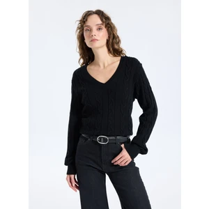 V Yaka Basic Saç Örgü Desenli Siyah Kazak Kadın J5WL-KZK7129