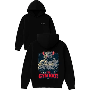 Im Gym Rat Tasarım Baskılı Oversize Siyah Kapüşonlu Sweatshirt