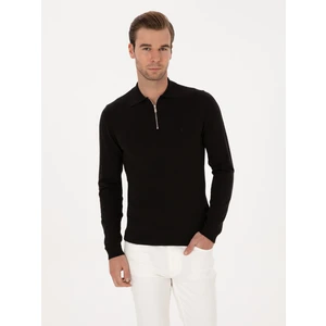 Erkek Siyah Regular Fit Pamuk Karışımlı Fermuarlı Polo Yaka Basic Triko Kazak 50318721-VR046