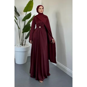 Merven Akyüz Wave Broşlu Pelerinli Saten Abiye Bordo