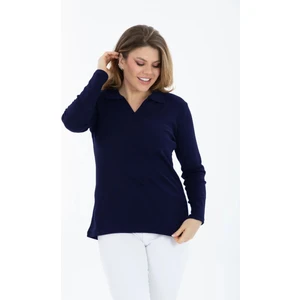Curve Büyük Beden Pamuklu Likralı V Yaka Basic Düz Uzun Kol Lacivert Bluz