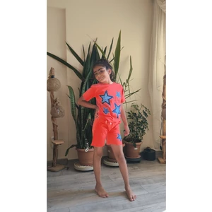 Şimo Butik Kız Çocuk Pamuklu Şortlu Takım Somon, Lila, Nar Çiçeği Renkli