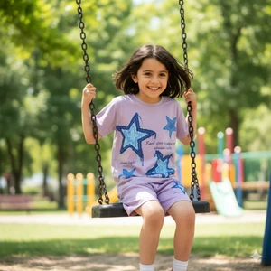 Şimo Butik Kız Çocuk Pamuklu Şortlu Takım Somon, Lila, Nar Çiçeği Renkli