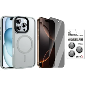 iPhone 16 Pro Max Kılıf Mat Arka Yüzey Wireless Şarj Özellikli Zore Flet M-Safe Kapak + Safir Kamera Lens + Hayalet Ekran Koruyucu