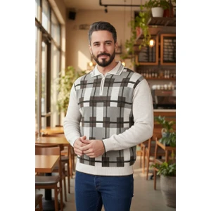 Erkek Çelik Örgü Ekose Desenli Gömlek Yaka Fermuarlı Polo Yakalı Tüylenmez Triko Kışlık Baba Kazak