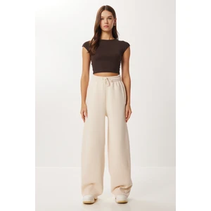 Happiness İstanbul Nervürlü Şardonlu Örme Eşofman Altı LUB0289 Krem