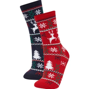 Kadın Yılbaşı Temalı 2'li Pamuklu Uzun Çorap