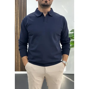 Erkek Açık Yaka Düz Desen Normal Kalıp Kazak Lacivert EDW423